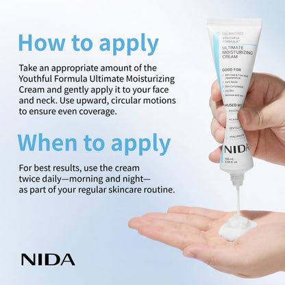 NIDA Youthful Formula™ Ultimate Moisturizing Cream | Centella Asiatica, Niacinamide, Hyaluronic Acid, Collagen | Wrinkles, Fine Lines, Dark Spots, Dry Skin, Redness | 3.38 fl. oz., 100ml