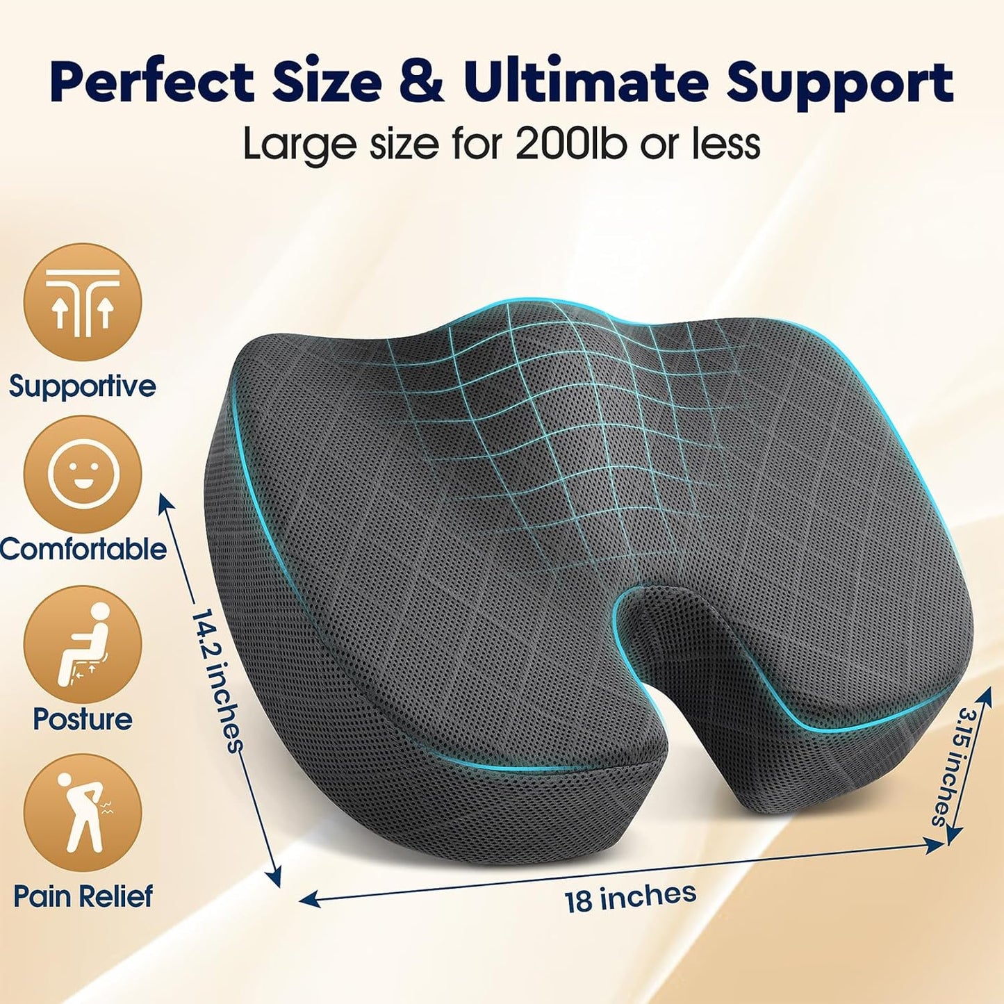 Seat Cushion - Memory Foam Sitting Pillow for Office Chair, Car Seat, Airplane, Bleacher - Sciatica & Hip & Coccyx Pain Relief Desk Chair Cushion for Long Sitting Office Workers, Car Drivers