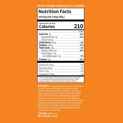 CRISP POWER Protein Pretzels, NEW Cheddar, 25G Protein, High Protein Snack, High Fiber, Low Carb Crunchy Pretzel Snacks, No Added Sugar, 1.75 oz Bags, 6 Pack, Vegan, Keto