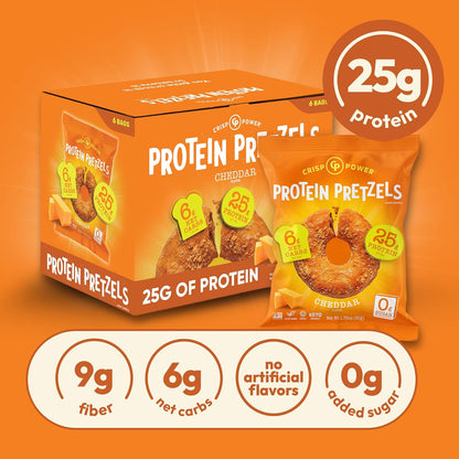 CRISP POWER Protein Pretzels, NEW Cheddar, 25G Protein, High Protein Snack, High Fiber, Low Carb Crunchy Pretzel Snacks, No Added Sugar, 1.75 oz Bags, 6 Pack, Vegan, Keto