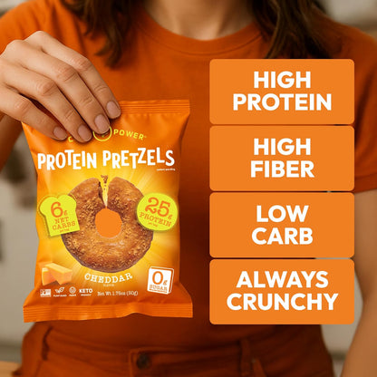 CRISP POWER Protein Pretzels, NEW Cheddar, 25G Protein, High Protein Snack, High Fiber, Low Carb Crunchy Pretzel Snacks, No Added Sugar, 1.75 oz Bags, 6 Pack, Vegan, Keto