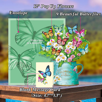 Airpark 3D Pop Up Paper Flowers Bouquet Card 12’‘ with Note & Envelope, Birthday Gifts, Get Well, Thank You, Greeting Cards for Women Mom Wife Friends, Daisies and Butterflies