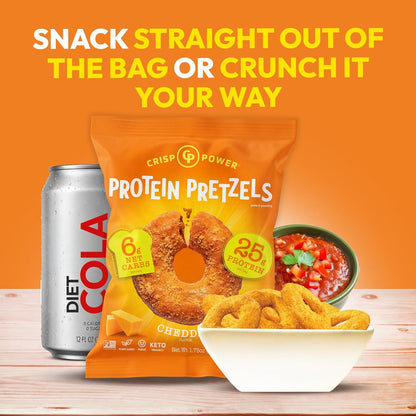 CRISP POWER Protein Pretzels, NEW Cheddar, 25G Protein, High Protein Snack, High Fiber, Low Carb Crunchy Pretzel Snacks, No Added Sugar, 1.75 oz Bags, 6 Pack, Vegan, Keto