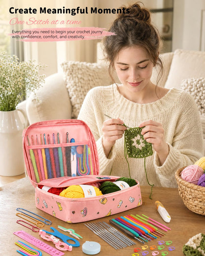 Aeelike Crochet Kit for Beginners - 59-Piece Crochet Starter Kits with Yarn, Ergonomic Hooks & Storage Case, Learn-to-Crochet Set for Adults, Kids & Seniors, Ideal DIY Craft Gift for Women