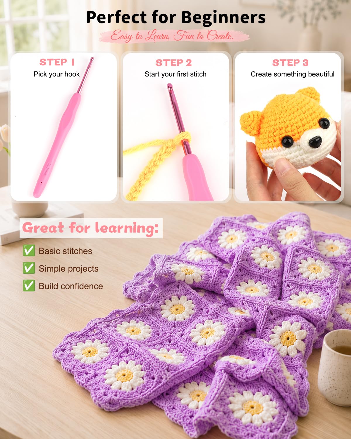 Aeelike Crochet Kit for Beginners - 59-Piece Crochet Starter Kits with Yarn, Ergonomic Hooks & Storage Case, Learn-to-Crochet Set for Adults, Kids & Seniors, Ideal DIY Craft Gift for Women