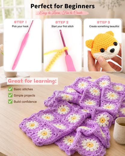 Aeelike Crochet Kit for Beginners - 59-Piece Crochet Starter Kits with Yarn, Ergonomic Hooks & Storage Case, Learn-to-Crochet Set for Adults, Kids & Seniors, Ideal DIY Craft Gift for Women