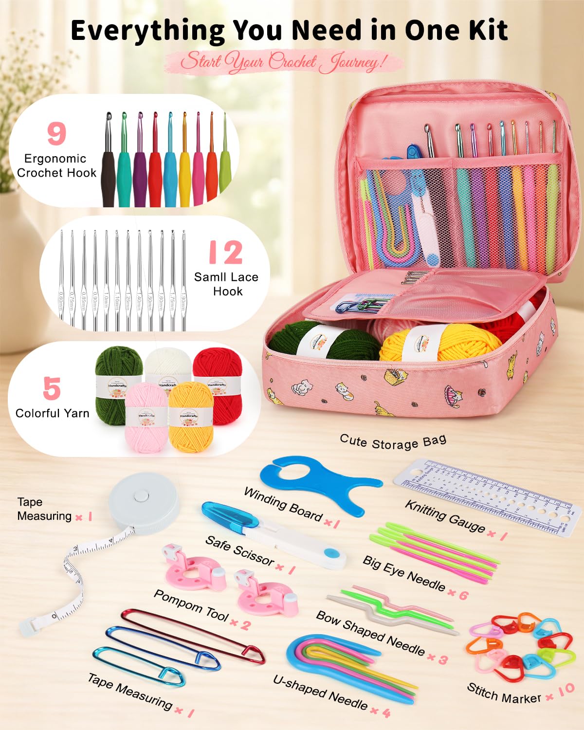 Aeelike Crochet Kit for Beginners - 59-Piece Crochet Starter Kits with Yarn, Ergonomic Hooks & Storage Case, Learn-to-Crochet Set for Adults, Kids & Seniors, Ideal DIY Craft Gift for Women