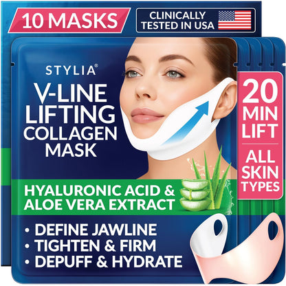 Stylia V Line Lifting Collagen Mask - Lift, Firm & Contour Jawline - Tightening Double Chin Strap with Hyaluronic Acid & Aloe - Neck Tightening and Lifting Mask - Jawline Shaper Face Lift Tape (10PC)