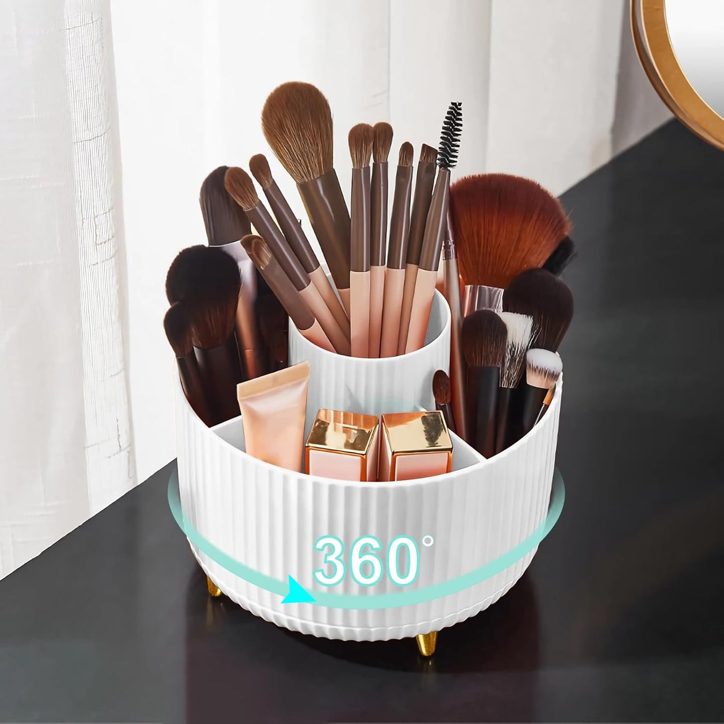 Makeup Brush Holder Organizer,360° Rotating Makeup Brush Organizer,5 Slot Make up Brushes Cup for Cosmetics, Nail Polish, Art Supply, Bathroom Vanity Desktop Organizer - White