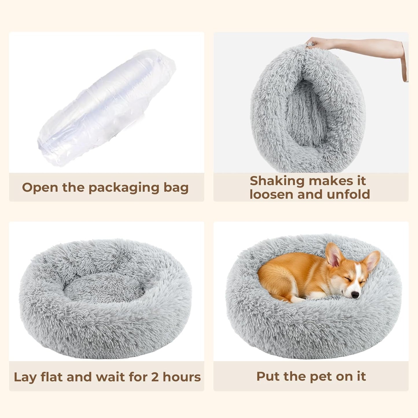 Calming Donut Dog and Cat Bed for Indoor Cats, Anti-Anxiety Round Fluffy Soft Washable Small Pet Bed for Puppy and Kitten, Warming Comfortable Luxury Anti-Slip Waterproof Mute Base 20in Gray