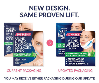 Stylia V Line Lifting Collagen Mask - Lift, Firm & Contour Jawline - Tightening Double Chin Strap with Hyaluronic Acid & Aloe - Neck Tightening and Lifting Mask - Jawline Shaper Face Lift Tape (10PC)