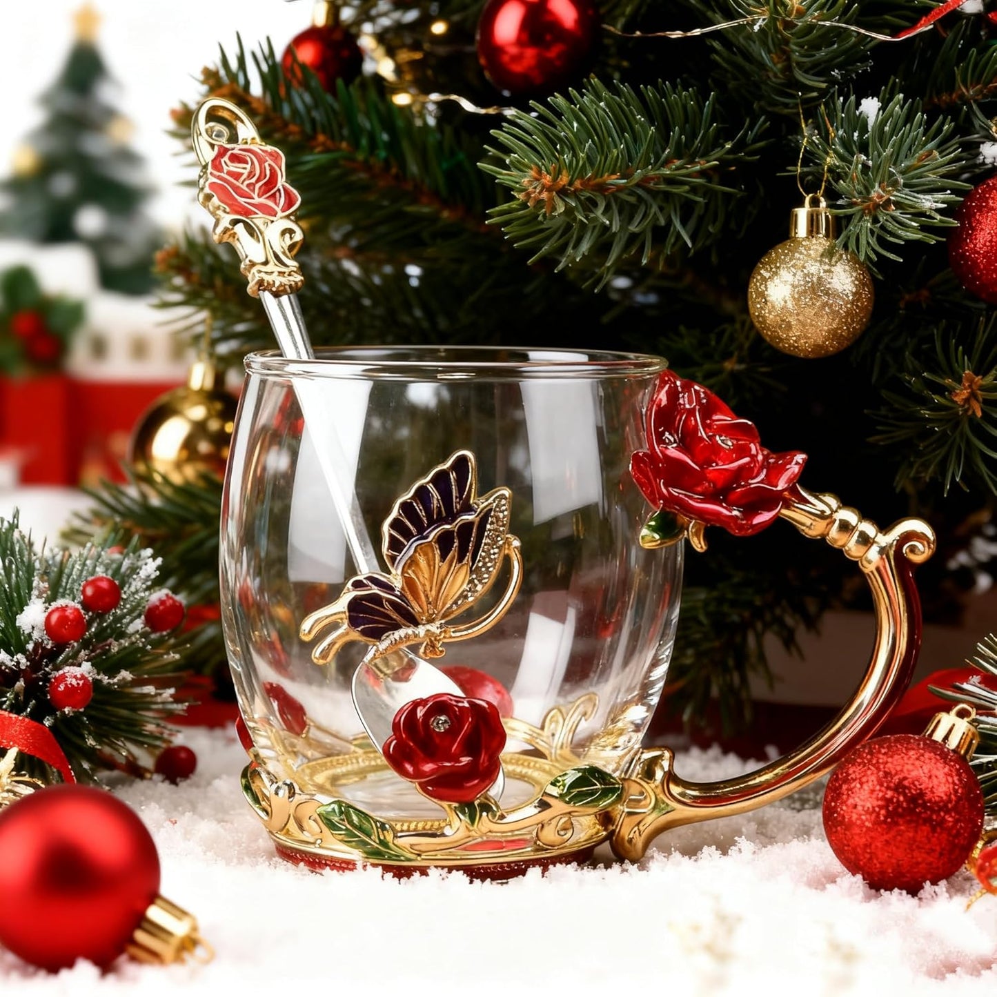 Stocking Stuffers For Women Mom Perfect Christmas Valentines Day Gifts Glass Enamel Coffee Tea Mug Birthday Presents For Her Girlfriend Wife From Daughter Son (Rose Red Coffee Cup, 11 OZ