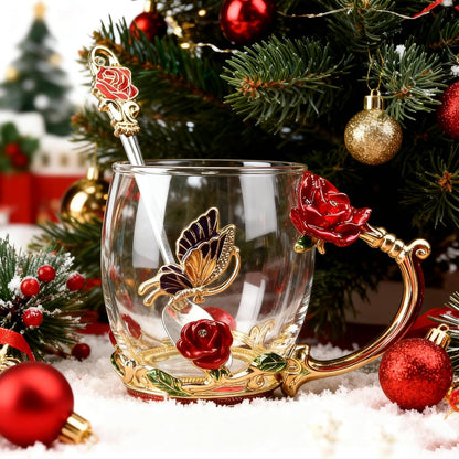 Stocking Stuffers For Women Mom Perfect Christmas Valentines Day Gifts Glass Enamel Coffee Tea Mug Birthday Presents For Her Girlfriend Wife From Daughter Son (Rose Red Coffee Cup, 11 OZ
