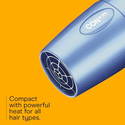 Conair Travel Hair Dryer with Dual Voltage, 1600W Compact Hairdryer with Folding Handle, Hair Blow Dryer with 2 Heat & 2 Speed Settings, Fast Drying, Frizz-Taming Airflow, Easy Storage, Blue