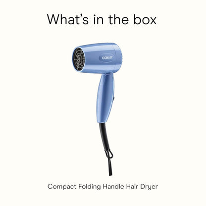 Conair Travel Hair Dryer with Dual Voltage, 1600W Compact Hairdryer with Folding Handle, Hair Blow Dryer with 2 Heat & 2 Speed Settings, Fast Drying, Frizz-Taming Airflow, Easy Storage, Blue