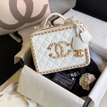Chanel Filigree Vanity Case Quilted Caviar Gold 鈥� White