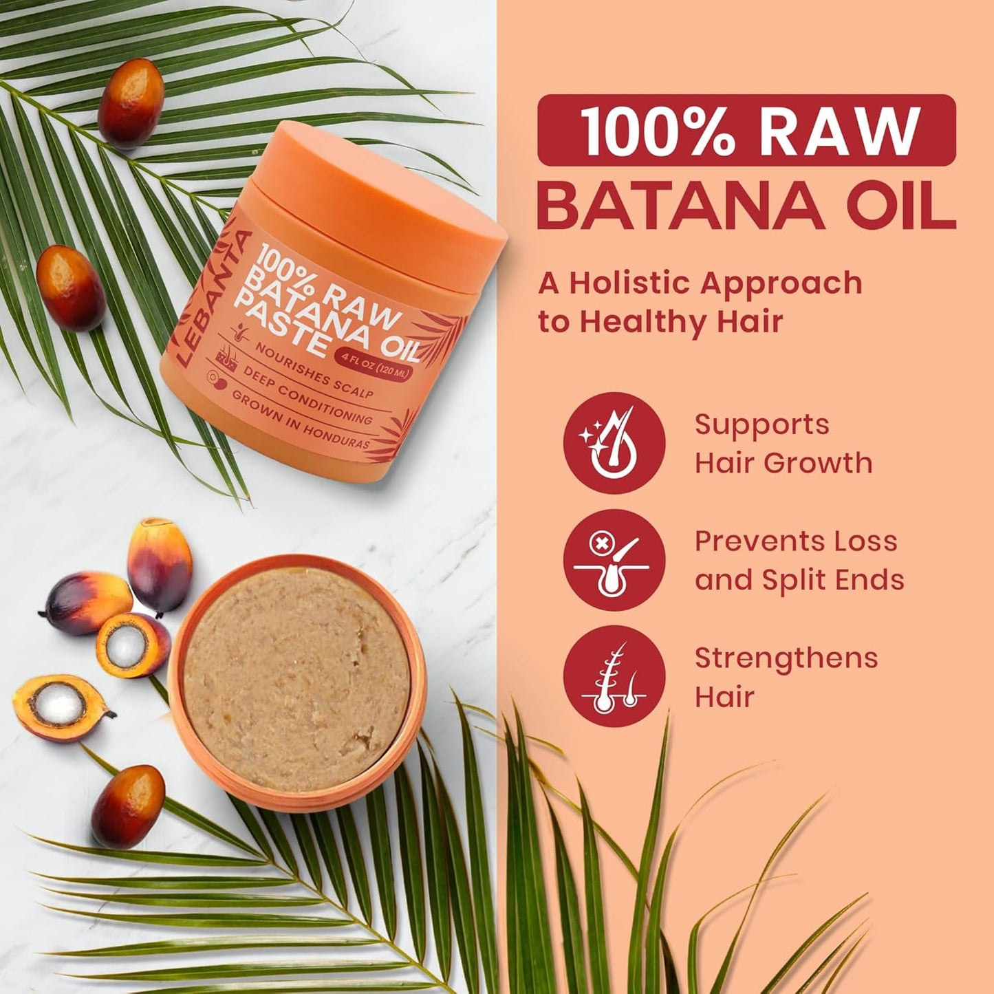 Lebanta Raw Batana Oil for Hair Growth - 100% Pure, Organic 4oz Batana from Honduras for Thick and Strong Natural Hair - Dr. Sebi Unrefined Cold Pressed Cosmetic Scalp Mask Gifts for Women (1 Pack)