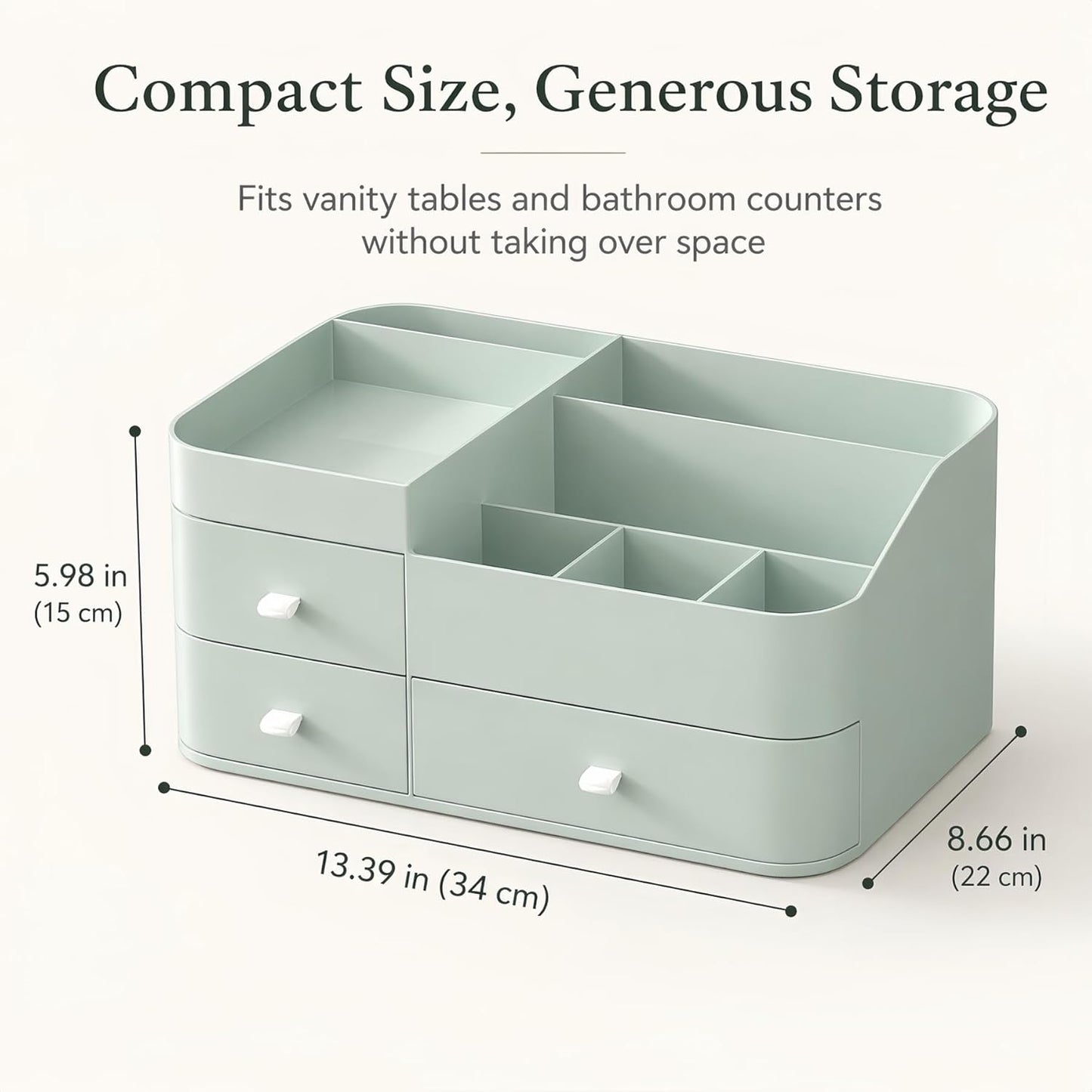 Makeup Organizer with 3 Drawers, Large Vanity Storage for Skincare, Perfume, Lipstick and Brushes, Countertop Cosmetic Holder for Bathroom, Dresser or Bedroom, Green