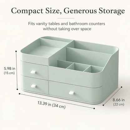 Makeup Organizer with 3 Drawers, Large Vanity Storage for Skincare, Perfume, Lipstick and Brushes, Countertop Cosmetic Holder for Bathroom, Dresser or Bedroom, Green