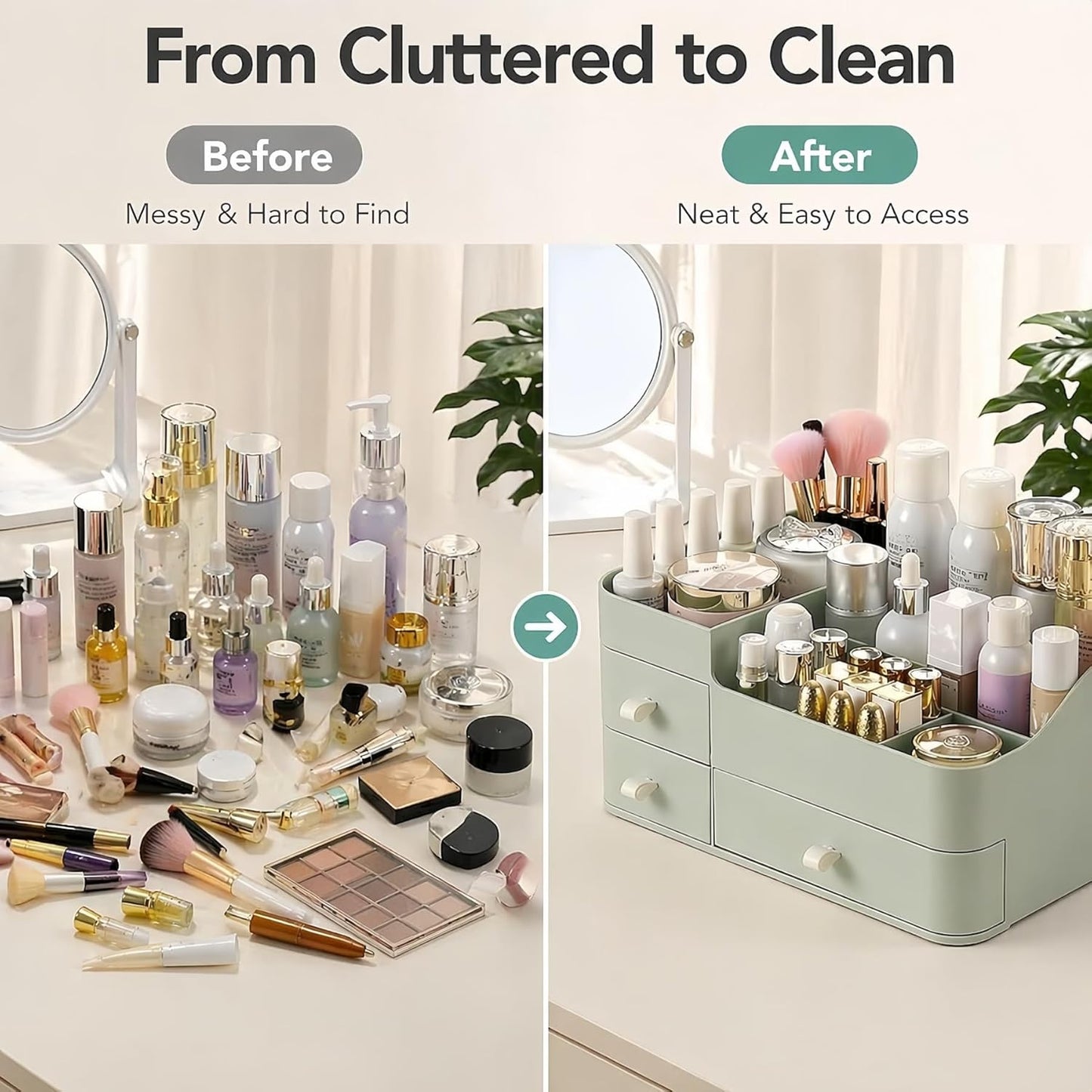 Makeup Organizer with 3 Drawers, Large Vanity Storage for Skincare, Perfume, Lipstick and Brushes, Countertop Cosmetic Holder for Bathroom, Dresser or Bedroom, Green
