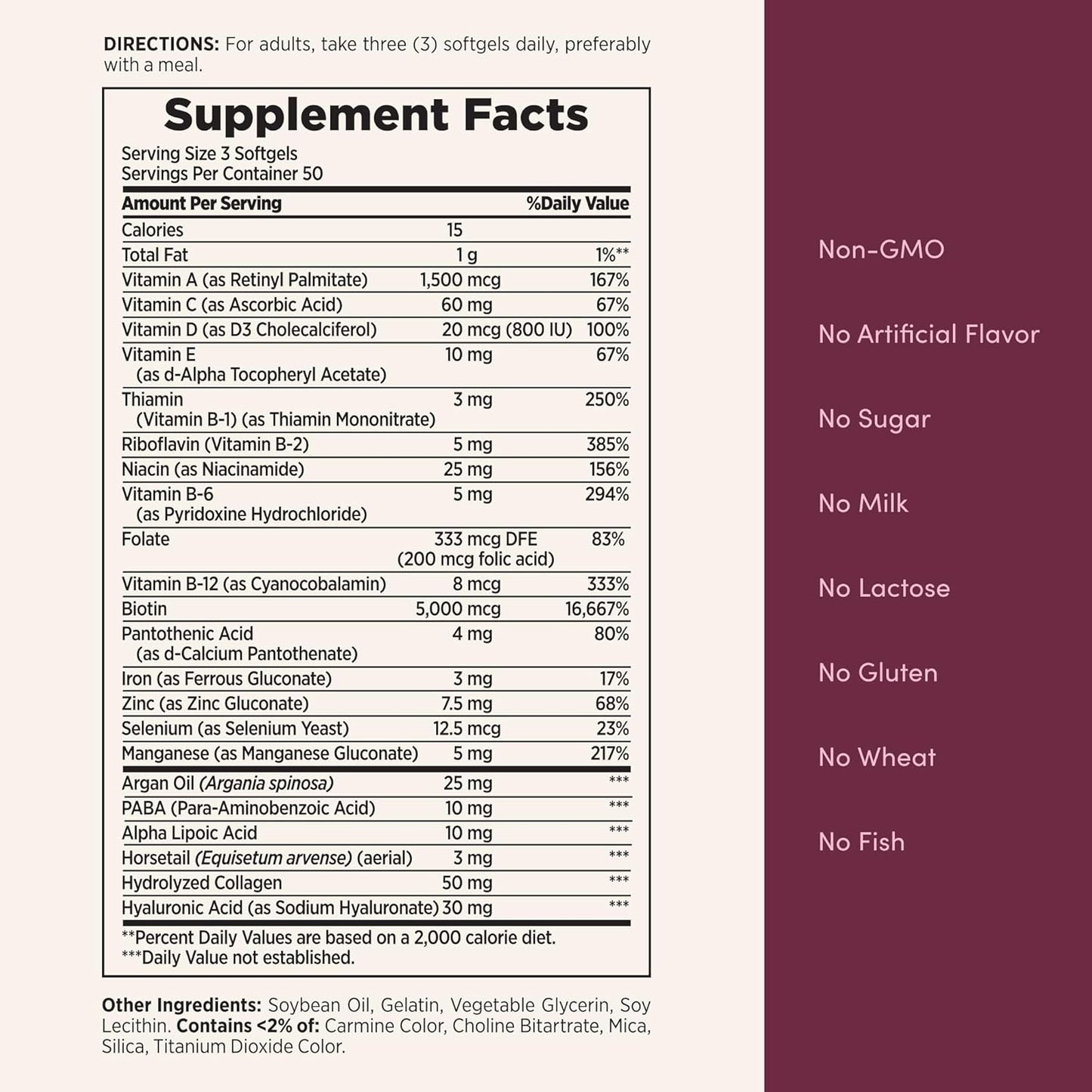 Nature's Bounty Advanced Hair, Skin & Nails, Argan-Infused Vitamin Supplement with Biotin and Hyaluronic Acid, 150 Rapid Release Softgels, 50 Total Servings