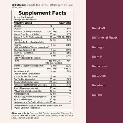 Nature's Bounty Advanced Hair, Skin & Nails, Argan-Infused Vitamin Supplement with Biotin and Hyaluronic Acid, 150 Rapid Release Softgels, 50 Total Servings