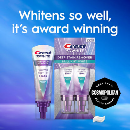 Crest 3D White Deep Stain Remover Toothpaste, Teeth whitening for Adults, 3.1oz, 2 Pack, Sensitivity Safe, Enamel Repair, Cavity Protection, Fluoride Toothpaste, Travel Size Toiletries