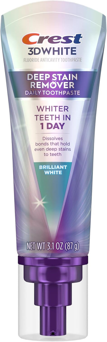 Crest 3D White Deep Stain Remover Toothpaste, Teeth whitening for Adults, 3.1oz, 2 Pack, Sensitivity Safe, Enamel Repair, Cavity Protection, Fluoride Toothpaste, Travel Size Toiletries