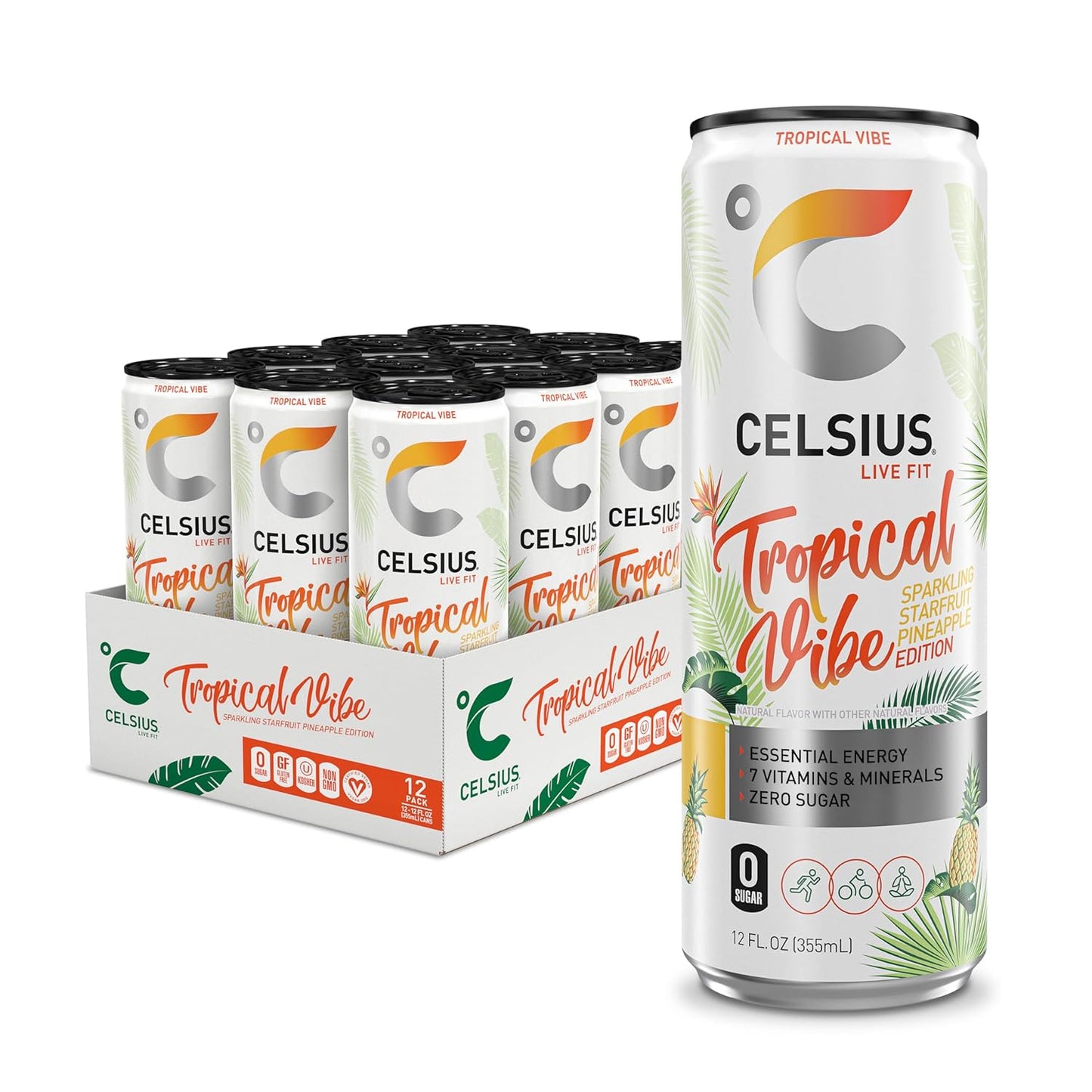 CELSIUS Sparkling Tropical Vibe, Functional Essential Energy Drink 12 Fl Oz (Pack of 12