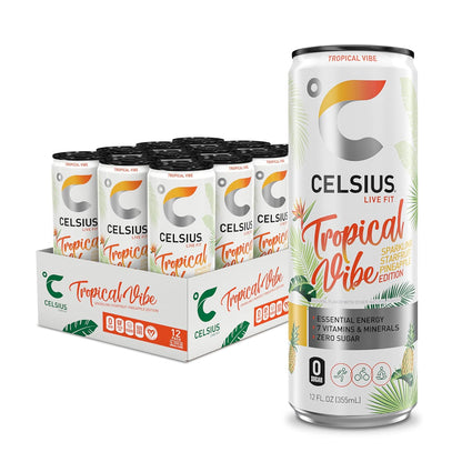 CELSIUS Sparkling Tropical Vibe, Functional Essential Energy Drink 12 Fl Oz (Pack of 12