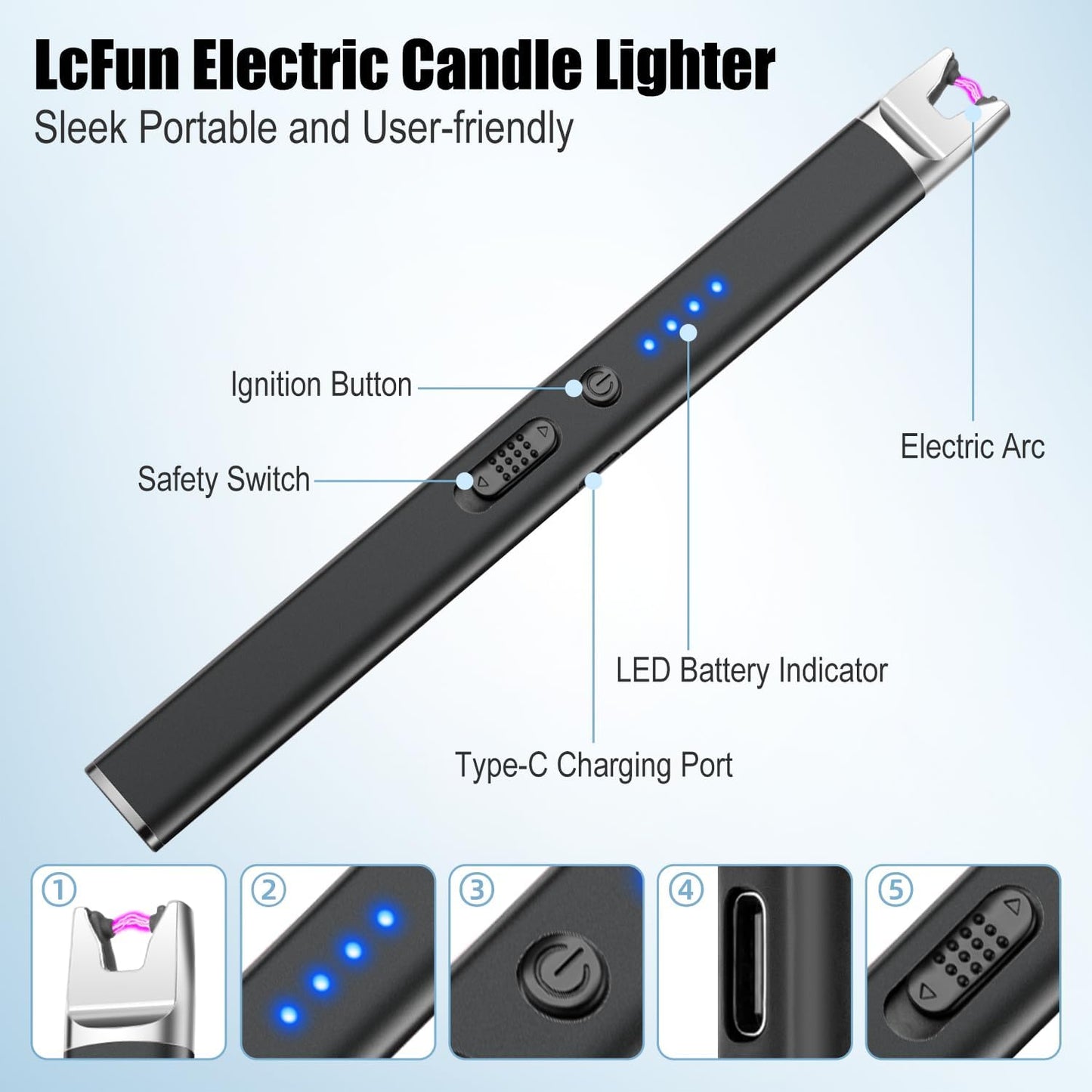 LcFun 2 Pack Candle Lighter USB Rechargeable Electric Plasma Arc Lighters with Safety Lock, Windproof Flameless Lighters Long Stem Matches for Candle, Grill, BBQ, Camping, Gas Stoves (Black, Gold)