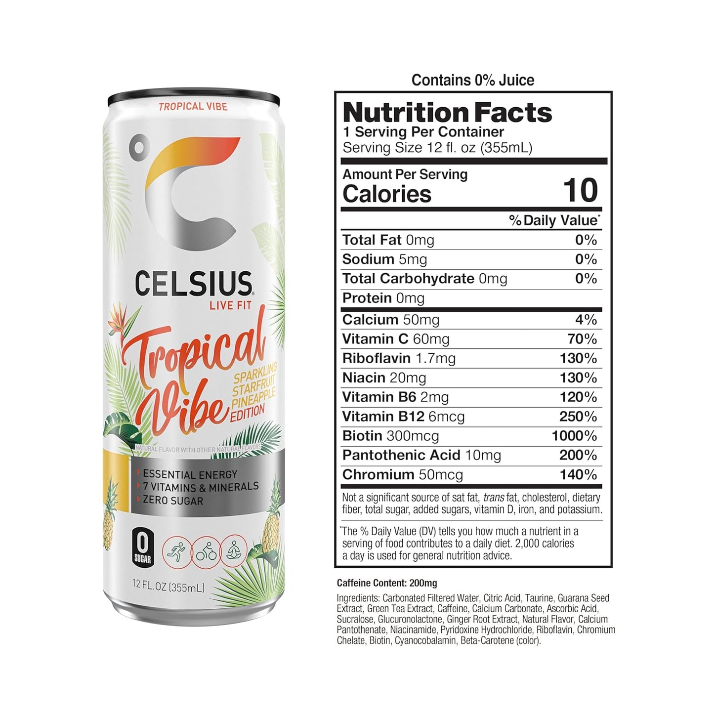 CELSIUS Sparkling Tropical Vibe, Functional Essential Energy Drink 12 Fl Oz (Pack of 12