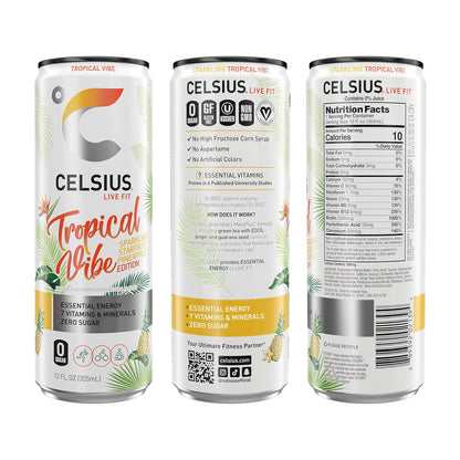CELSIUS Sparkling Tropical Vibe, Functional Essential Energy Drink 12 Fl Oz (Pack of 12