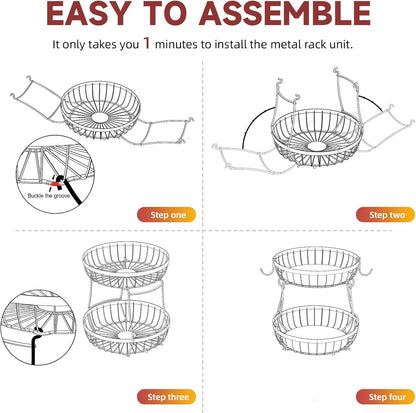 2 Tier Large Fruit Basket for Kitchen Counter with 2 Banana Hangers, Metal Stackable Fruit Bowl for Kitchen Counter for Bread Vegetable Fruits, Black