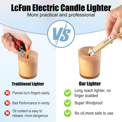 LcFun 2 Pack Candle Lighter USB Rechargeable Electric Plasma Arc Lighters with Safety Lock, Windproof Flameless Lighters Long Stem Matches for Candle, Grill, BBQ, Camping, Gas Stoves (Black, Gold)