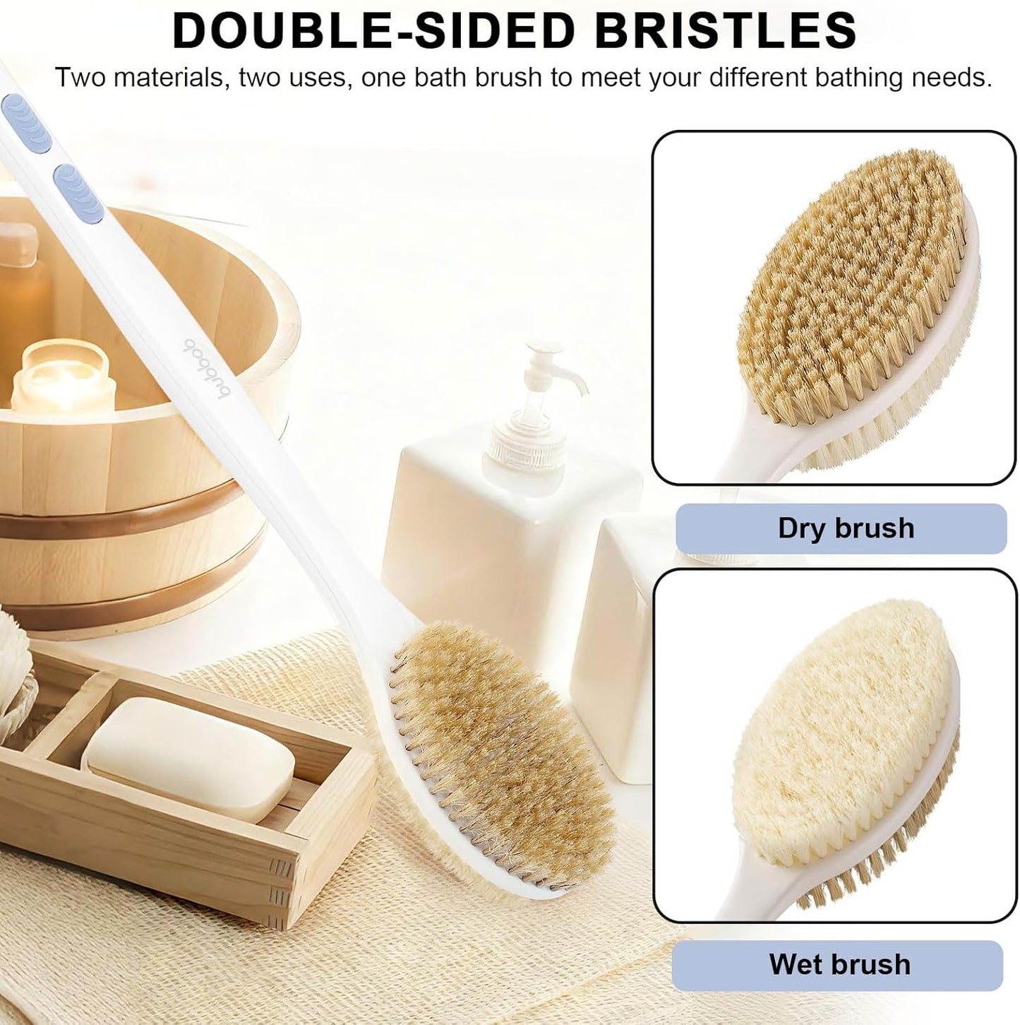 Back Scrubber for Shower with Long Handle, Exfoliating Bath Brush for Body - Double Sided Bristles (Stiff & Soft), Anti-Slip Grip, Lightweight - Gift for Seniors, Includes Lanyard & Hook, Blue