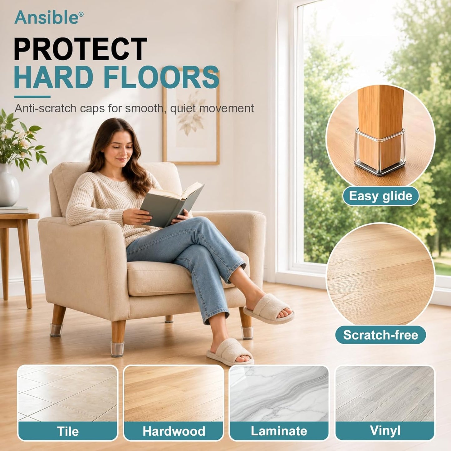 24 Pcs Chair Leg Floor Protectors Square, Silicone Felt Furniture Leg Pads Caps Covers for Hardwood Floors (Fit:1-1/16" to 1-5/8")