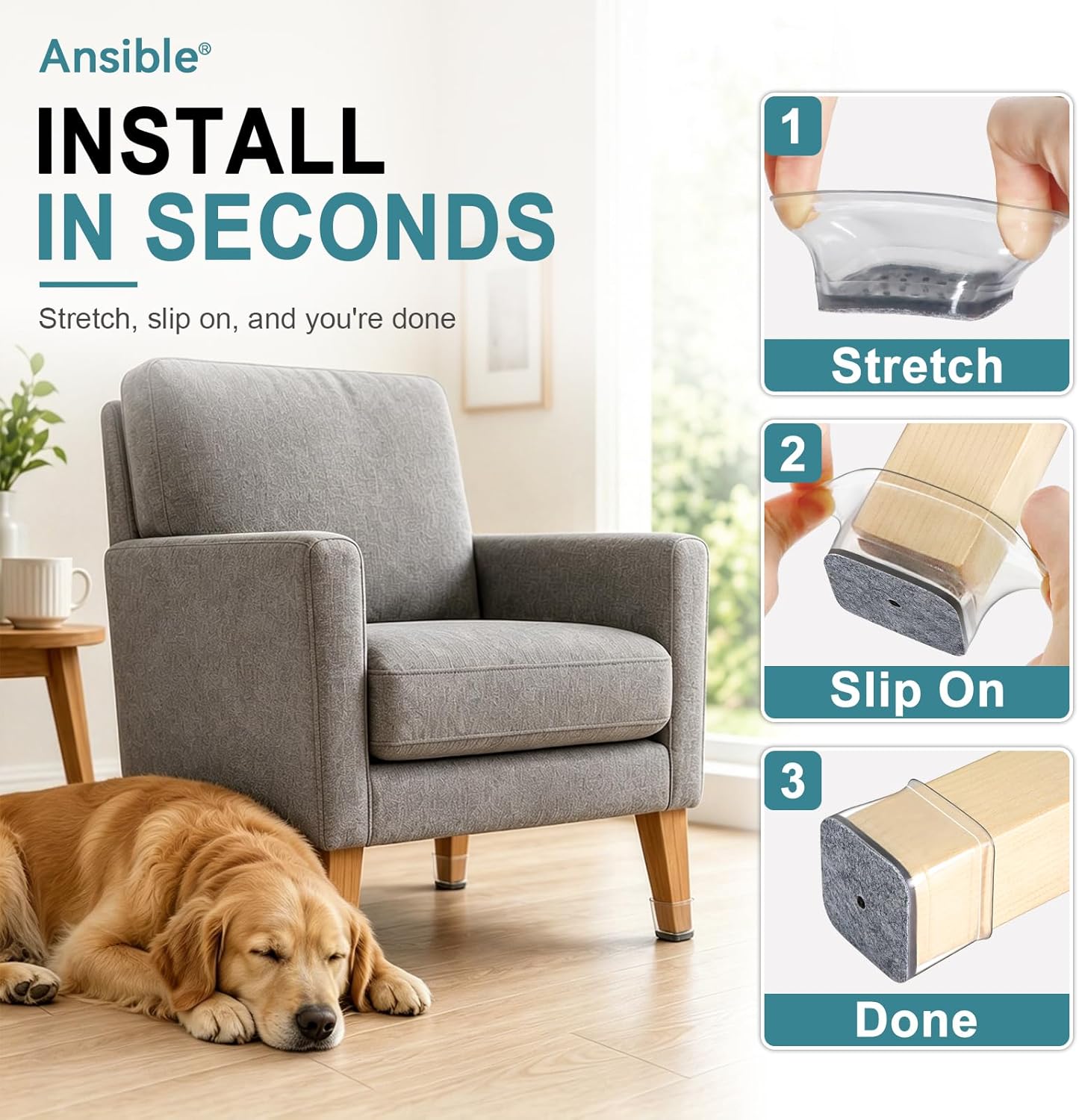 24 Pcs Chair Leg Floor Protectors Square, Silicone Felt Furniture Leg Pads Caps Covers for Hardwood Floors (Fit:1-1/16" to 1-5/8")