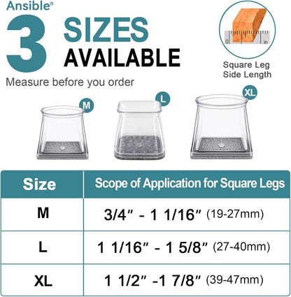 24 Pcs Chair Leg Floor Protectors Square, Silicone Felt Furniture Leg Pads Caps Covers for Hardwood Floors (Fit:1-1/16" to 1-5/8")