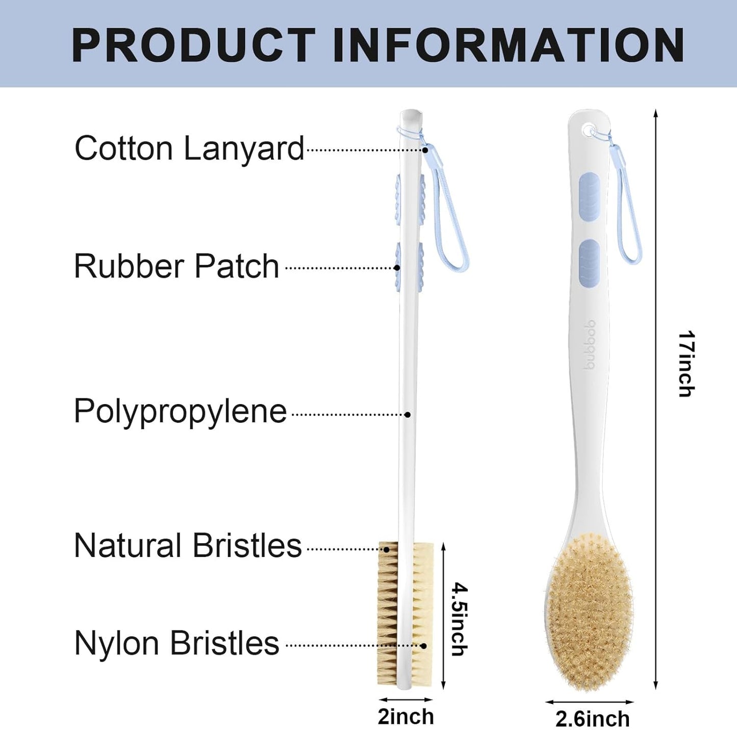 Back Scrubber for Shower with Long Handle, Exfoliating Bath Brush for Body - Double Sided Bristles (Stiff & Soft), Anti-Slip Grip, Lightweight - Gift for Seniors, Includes Lanyard & Hook, Blue