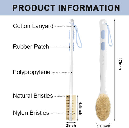 Back Scrubber for Shower with Long Handle, Exfoliating Bath Brush for Body - Double Sided Bristles (Stiff & Soft), Anti-Slip Grip, Lightweight - Gift for Seniors, Includes Lanyard & Hook, Blue