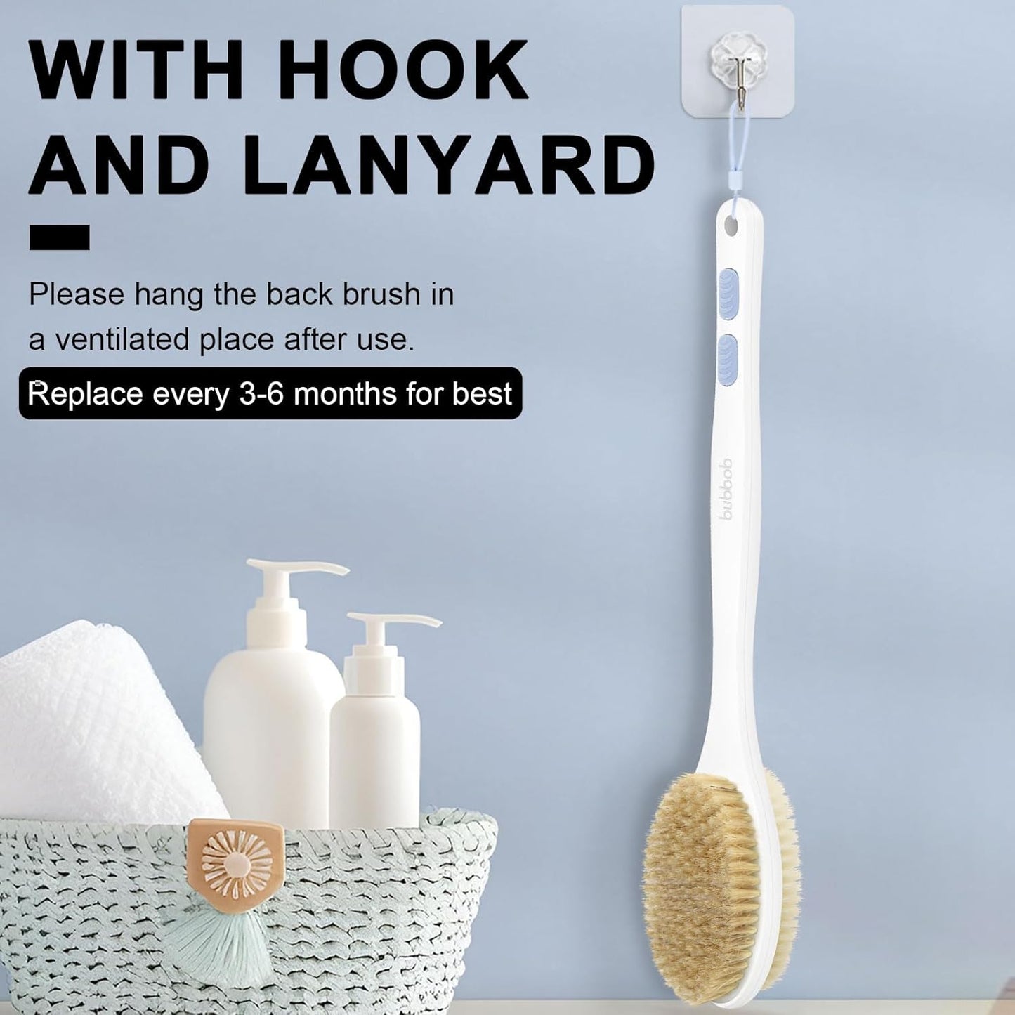 Back Scrubber for Shower with Long Handle, Exfoliating Bath Brush for Body - Double Sided Bristles (Stiff & Soft), Anti-Slip Grip, Lightweight - Gift for Seniors, Includes Lanyard & Hook, Blue