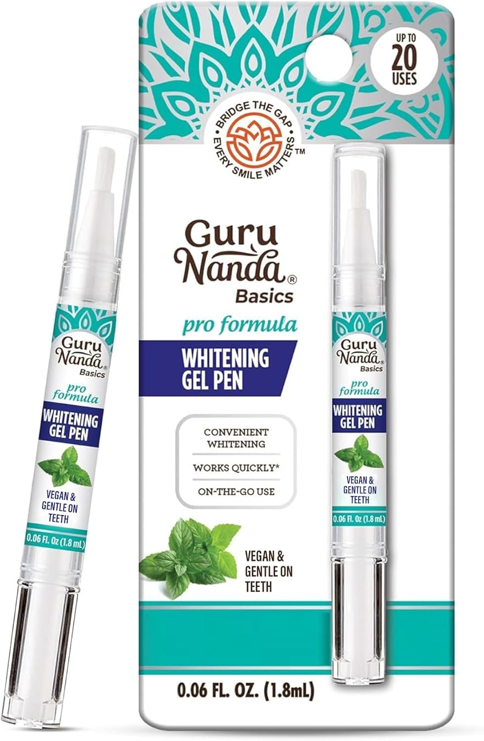 GuruNanda Teeth Whitening Pen,(0.06 fl oz)-20 Uses, Vegan & Gentle on Teeth Pro Formula - Hydrogen Peroxide Whitening Gel Pen, Cruelty-Free, Mint Flavor