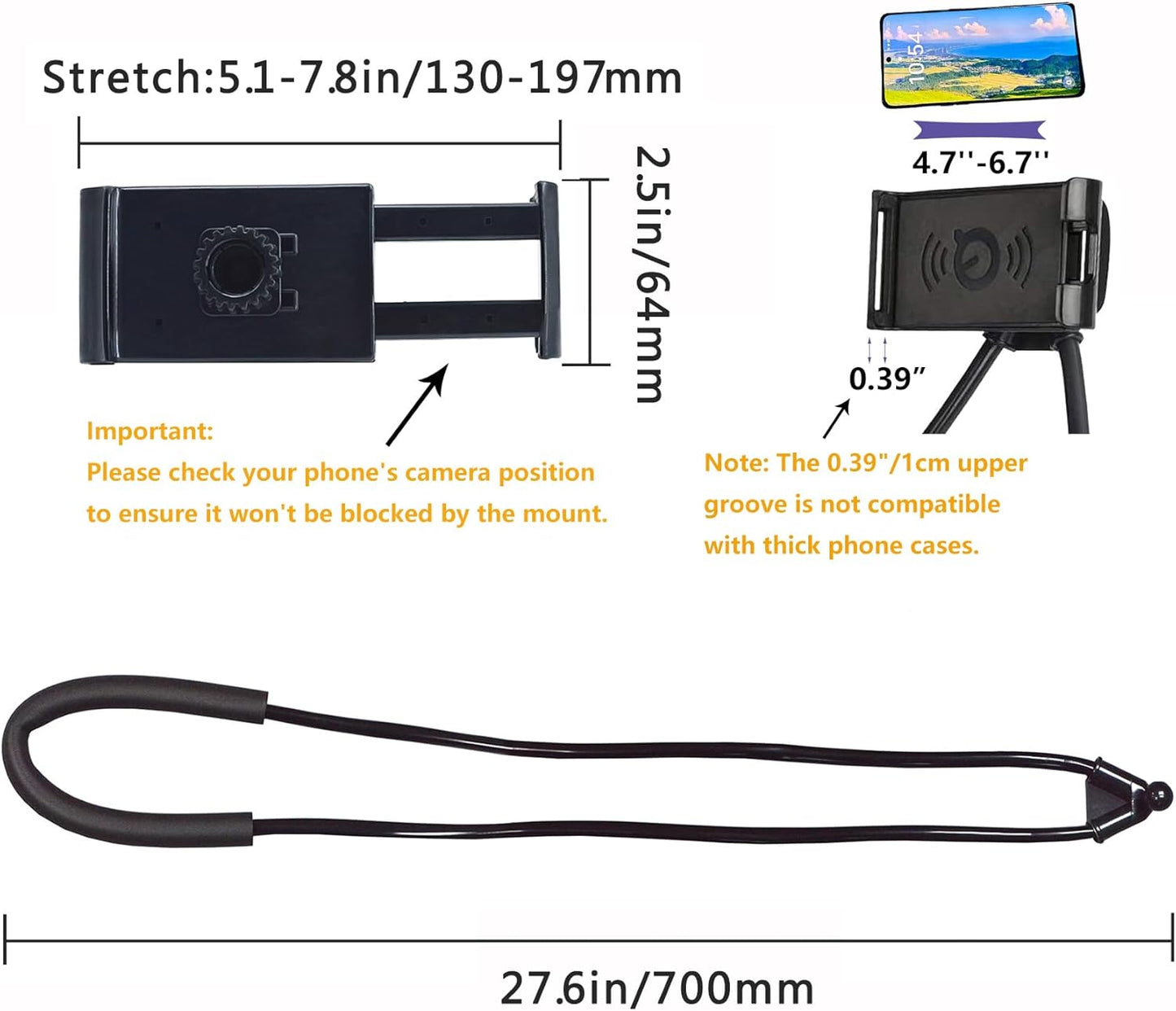 Lazy Cell Phone Holder, Universal Cell Phone Holder for Smart Mobile Phone,Hanging on Neck Cell Phone Mount Holder ,Hands-Free Mobile Phone Holder on Bed/Tableb, 27.6'' Length for 4.7''-6.7'' Size