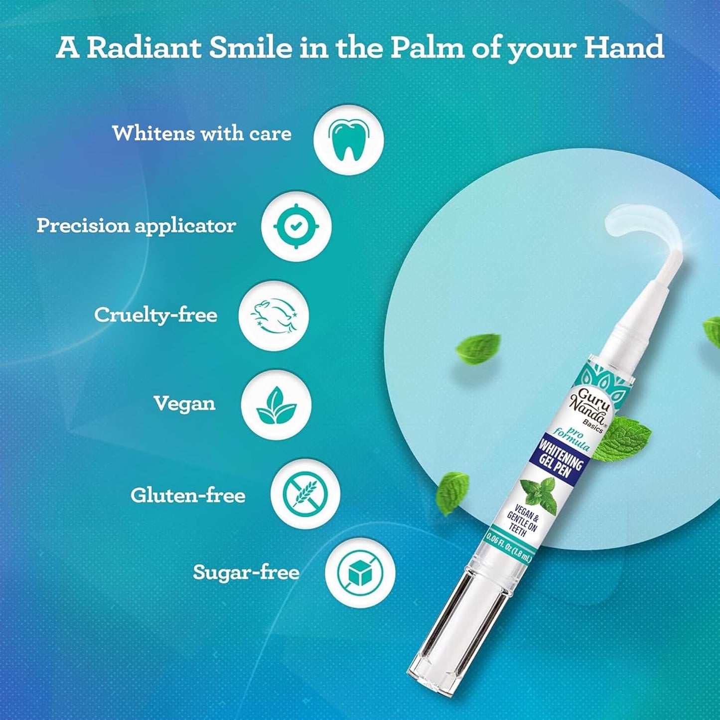 GuruNanda Teeth Whitening Pen,(0.06 fl oz)-20 Uses, Vegan & Gentle on Teeth Pro Formula - Hydrogen Peroxide Whitening Gel Pen, Cruelty-Free, Mint Flavor