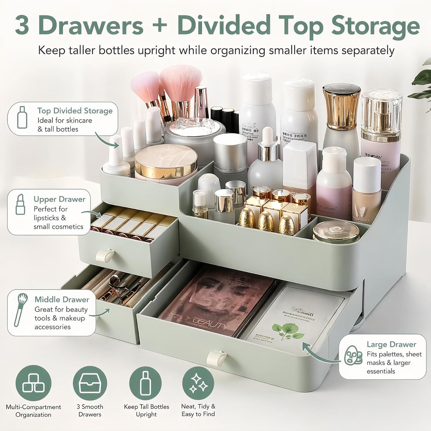 Makeup Organizer with 3 Drawers, Large Vanity Storage for Skincare, Perfume, Lipstick and Brushes, Countertop Cosmetic Holder for Bathroom, Dresser or Bedroom, Green