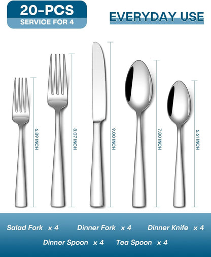 20 Piece Silverware Set, Food-Grade Stainless Steel Flatware Sets for 4 Mirror Polished Cutlery Utensil Sets Include Dinner Knives Spoons and Forks Set Dishwasher Safe for Home Restaurant