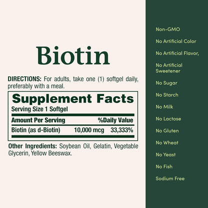 Nature's Bounty Biotin Hair Skin and Nails Vitamins, Supports Healthy Hair, Skin and Nails, 10,000 mcg, 120 Softgels (Pack of 1)