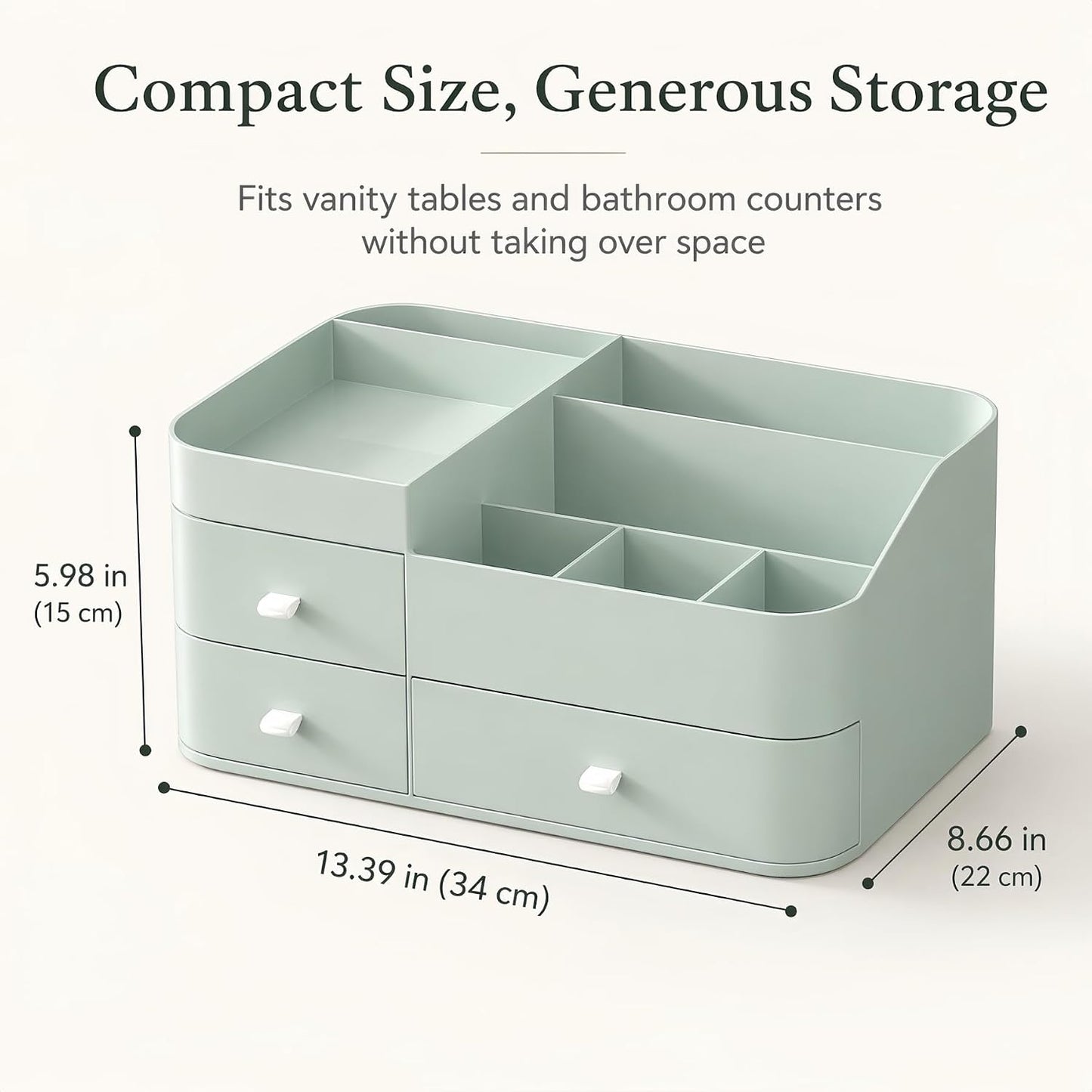 Makeup Organizer with 3 Drawers, Large Vanity Storage for Skincare, Perfume, Lipstick and Brushes, Countertop Cosmetic Holder for Bathroom, Dresser or Bedroom, Green