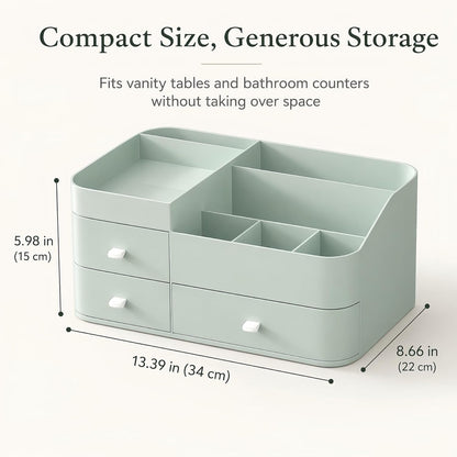 Makeup Organizer with 3 Drawers, Large Vanity Storage for Skincare, Perfume, Lipstick and Brushes, Countertop Cosmetic Holder for Bathroom, Dresser or Bedroom, Green